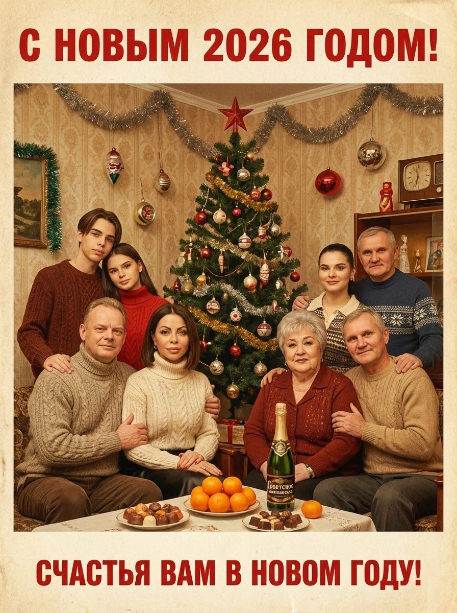 Создай из всех этих людей с максимальным сходством лиц новогоднюю открытку в Советском стиле, с поздравлением с Новым 20